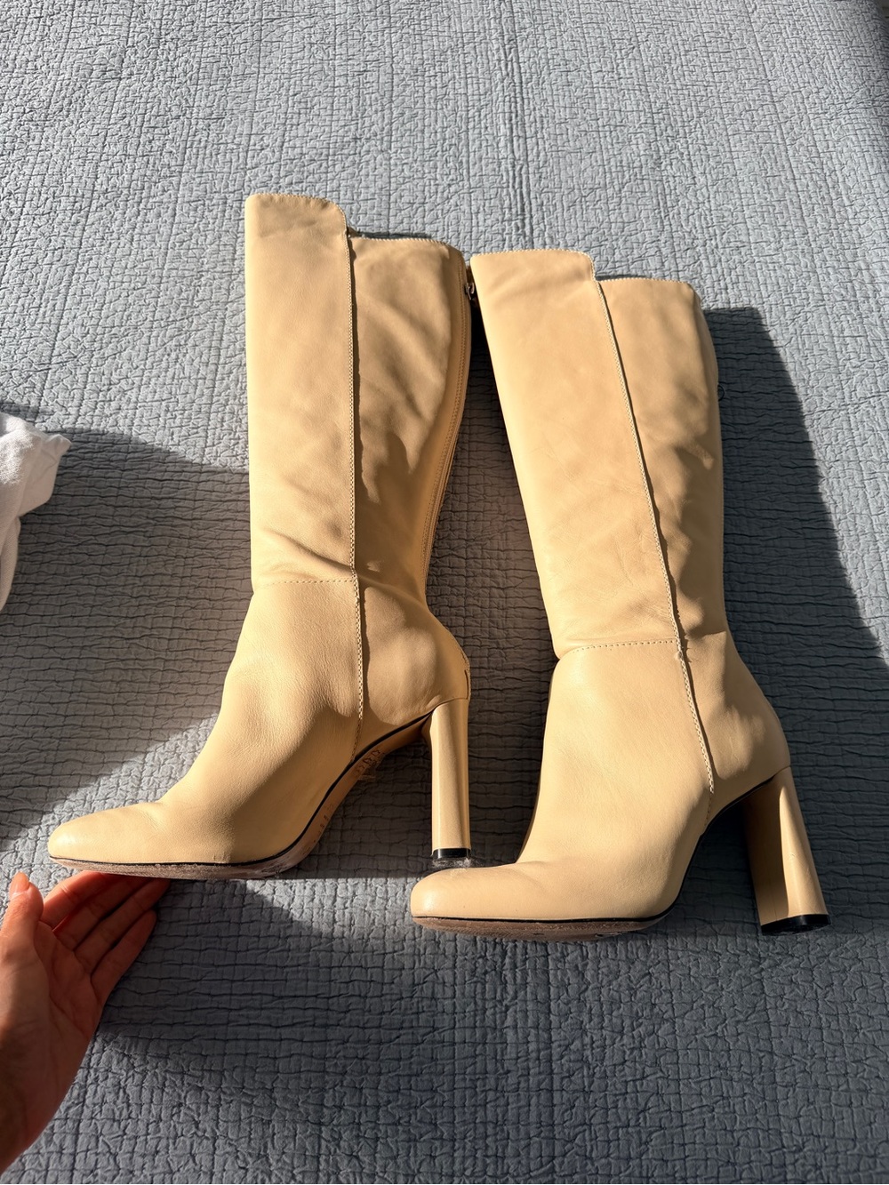 SCHUTZ Cream Knee-High Block Heel Leather Boots